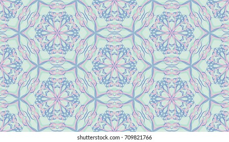 Seamless pattern. Fantastic snowflakes are located like bees' honeycombs. The abstract six-sided figures. For backgrounds, fabrics, holidays. Green-gray-blue & pink.