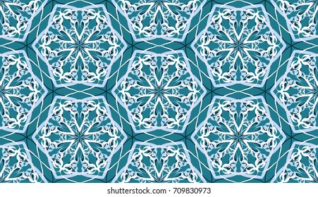 Seamless pattern. Fantastic snowflakes are located like bees' honeycombs. The abstract six-sided figures. For backgrounds, fabrics, holidays. Blue-green, light blue, white.