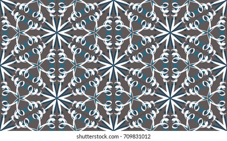 Seamless pattern. Fantastic snowflakes are located like bees' honeycombs. The abstract six-sided figures. For backgrounds, fabrics, holidays. Gray, blue, white.