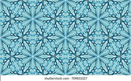 Seamless pattern. Fantastic snowflakes are located like bees' honeycombs. The abstract six-sided figures. For backgrounds, fabrics, holidays. Different of blue tones.
