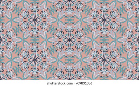 Seamless pattern. Fantastic snowflakes are located like bees' honeycombs. The abstract six-sided figures. For backgrounds, fabrics, holidays. Pink-yellow, green-blue, brown.