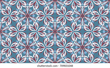 Seamless pattern. Fantastic snowflakes are located like bees' honeycombs. The abstract six-sided figures. For backgrounds, fabrics, holidays. Blue, red,  white.