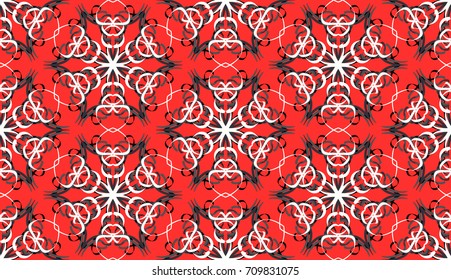Seamless pattern. Fantastic snowflakes are located like bees' honeycombs. The abstract six-sided figures. For backgrounds, fabrics, holidays. Red, gray, black, white.