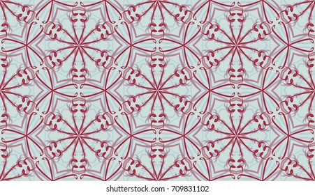 Seamless pattern. Fantastic snowflakes are located like bees' honeycombs. The abstract six-sided figures. For backgrounds, fabrics, holidays. blue-gray, red-pink.
