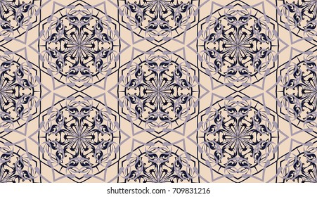 Seamless pattern. Fantastic snowflakes are located like bees' honeycombs. The abstract six-sided figures. For backgrounds, fabrics, holidays. Yellow, gray, blue-gray.