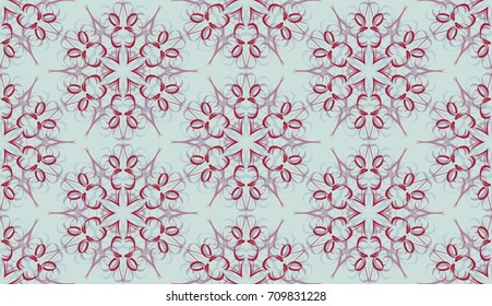 Seamless pattern. Fantastic snowflakes are located like bees' honeycombs. The abstract six-sided figures. For backgrounds, fabrics, holidays. Gray-blue, red, pink.