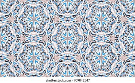 Seamless pattern. Fantastic snowflakes are located like bees' honeycombs. The abstract six-sided figures. For backgrounds, fabrics, holidays. Beige, blue, white.
