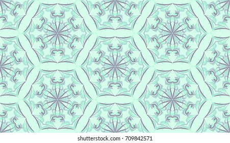 Seamless pattern. Fantastic snowflakes are located like bees' honeycombs. The abstract six-sided figures. For backgrounds, fabrics, holidays. Light green tones, gray  tones.