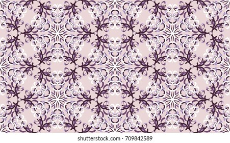 Seamless pattern. Fantastic snowflakes are located like bees' honeycombs. The abstract six-sided figures. For backgrounds, fabrics, holidays. Pink-purple, white.