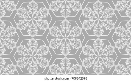 Seamless pattern. Fantastic snowflakes are located like bees' honeycombs. The abstract six-sided figures. For backgrounds, fabrics, holidays. Gray tones & white.