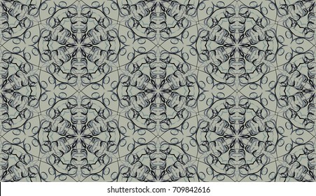 Seamless pattern. Fantastic snowflakes are located like bees' honeycombs. The abstract six-sided figures. For backgrounds, fabrics, holidays. Khaki-gray, black.