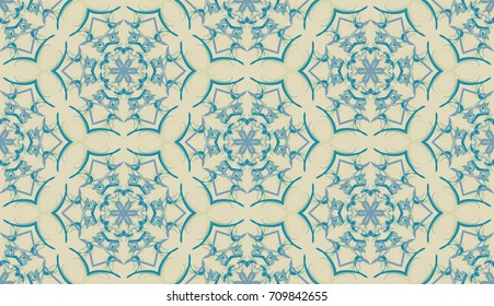 Seamless pattern. Fantastic snowflakes are located like bees' honeycombs. The abstract six-sided figures. For backgrounds, fabrics, holidays. Yellow-green, gray, blue.