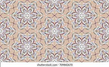 Seamless pattern. Fantastic snowflakes are located like bees' honeycombs. The abstract six-sided figures. For backgrounds, fabrics, holidays. Beige, brown, gray, white.