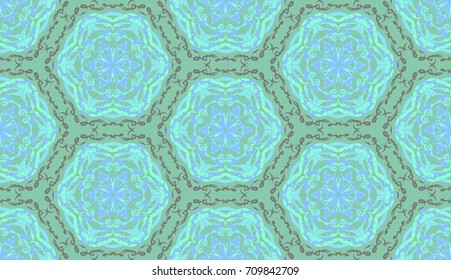 Seamless pattern. Fantastic snowflakes are located like bees' honeycombs. The abstract six-sided figures. For backgrounds, fabrics, holidays. Green, gray, blue tones.