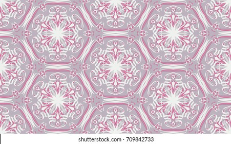 Seamless pattern. Fantastic snowflakes are located like bees' honeycombs. The abstract six-sided figures. For backgrounds, fabrics, holidays. Gray, pink.