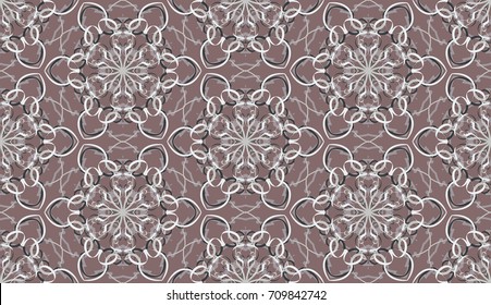 Seamless pattern. Fantastic snowflakes are located like bees' honeycombs. The abstract six-sided figures. For backgrounds, fabrics, holidays. Brown gray, white.