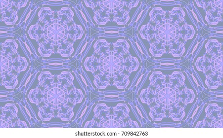 Seamless pattern. Fantastic snowflakes are located like bees' honeycombs. The abstract six-sided figures. For backgrounds, fabrics, holidays. Gray, purple, blue.