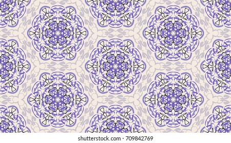 Seamless pattern. Fantastic snowflakes are located like bees' honeycombs. The abstract six-sided figures. For backgrounds, fabrics, holidays. Yellow-gray, gray, purple-gray, black.