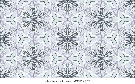 Seamless pattern. Fantastic snowflakes are located like bees' honeycombs. The abstract six-sided figures. For backgrounds, fabrics, holidays. Green tones & gray.
