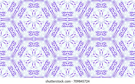 Seamless pattern. Fantastic snowflakes are located like bees' honeycombs. The abstract six-sided figures. For backgrounds, fabrics, holidays. Violet, gray, green, white.