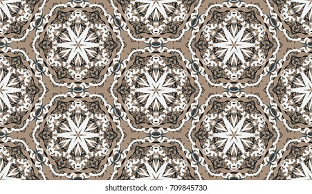 Seamless pattern. Fantastic snowflakes are located like bees' honeycombs. The abstract six-sided figures. For backgrounds, fabrics, holidays. Beige, gray, white.
