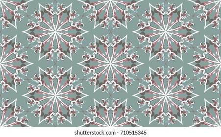 Seamless pattern. Fantastic snowflakes are located like bees' honeycombs. The abstract six-sided figures. For backgrounds, fabrics, holidays. Gray-green tones, white & red