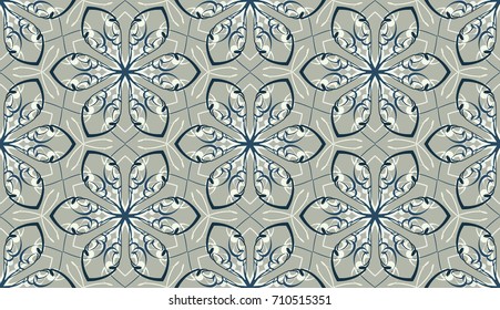 Seamless pattern. Fantastic snowflakes are located like bees' honeycombs. The abstract six-sided figures. For backgrounds, fabrics, holidays. Gray-green and blue-gray.