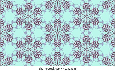 Seamless pattern. Fantastic snowflakes are located like bees' honeycombs. The abstract six-sided figures. For backgrounds, fabrics, holidays. Green-blue, gray, brown.