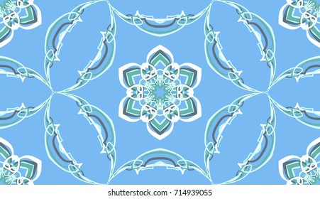 Seamless pattern. Fantastic snowflakes are located in openwork honeycomb.