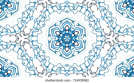 Seamless pattern. Fantastic snowflakes are located in openwork honeycomb.