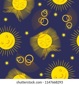 Seamless Pattern with fantastic sun and stars on a dark blue background. The theme of the cosmos. Unique background for textiles, paper, wallpapers
