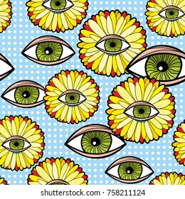 Seamless pattern with fantastic transvaal daisy and human eyes. Colorful illustration in vector.