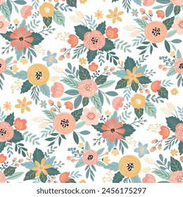 Seamless pattern with fantastically beautiful flowers. This beautiful pattern with flowers is suitable for printing on fabric, paper, notebook cover, etc. Flat vector style