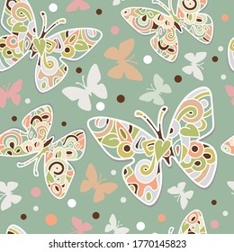 Seamless pattern with fantasy abstract butterflies, color vector stock illustration in doodle art style for wrapping paper, textile or fabric print, invitation and greeting cards, web design or apps