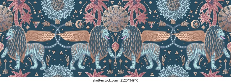 Seamless pattern. Fantasy animals in garden. Lions with wings, sun, palm trees, arrows. Vector illustration. Gold and Navy blue. Vintage engraving. Template for wallpapers, paper, fabrics, textiles.