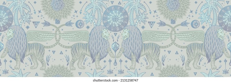 Seamless pattern. Fantasy animals in garden. Lions with wings, sun, palm trees, arrows. Vector illustration. Pastel colours. Vintage engraving. Template for wallpapers, paper, fabrics, textiles.