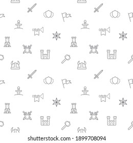 Seamless pattern with fantasy and battle icon on white background. Included the icons as weapon, castle, Shield, sword, knife, bugle, horn, helmet And Other Elements.