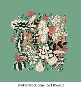 Seamless pattern with fantasy cactus and succulent. Vector background 