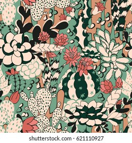 Seamless pattern with fantasy cactus. Vector background 