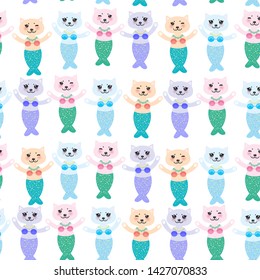 Seamless pattern fantasy cat mermaid funny Kawaii face with pink cheeks, pastel colors white blue pink lilac background. Can be used for greeting card design, Gift wrap, fabrics, wallpapers. Vector