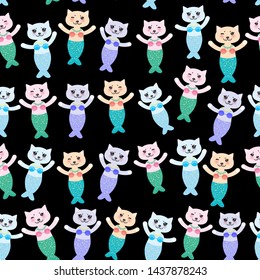 Seamless pattern fantasy cat mermaid funny Kawaii face with pink cheeks, pastel colors blue pink lilac on black background. Can be used for greeting card design, Gift wrap, fabrics, wallpapers. Vector