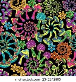 Seamless pattern with fantasy colorful mushrooms, chamomiles. Fractal, spiral ornament. Fantasy unreal nature. Surreal, psychedelic illustration in vintage style. For prints, t shirt, surface design