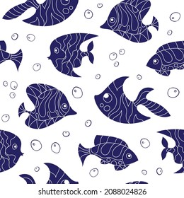 Seamless pattern of fantasy colorful psychedelic, creative doddle blue fish. Zen art creative design collection on white background. Vector illustration.