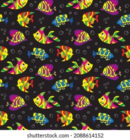 Seamless pattern of fantasy colorful psychedelic, creative doddle fish. Zen art creative design collection on black background. Vector illustration.