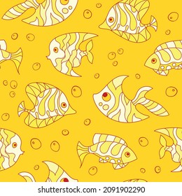 Seamless pattern of fantasy colorful psychedelic, creative doddle fish. Zen art creative design collection on yellow background. Vector illustration.