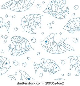 Seamless pattern of fantasy, creative doddle green blue fish. Zen art creative design collection on white background. Vector illustration.