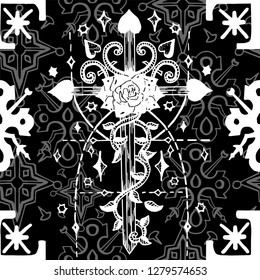 Seamless pattern with fantasy crosses with flowers and stars on black. Fantasy decorative illustration, vector gothic symbols, occult abstract background