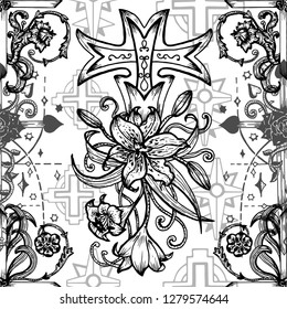 Seamless pattern with fantasy crosses with lily and rose flowers on white. Fantasy decorative illustration, vector gothic symbols, occult abstract background