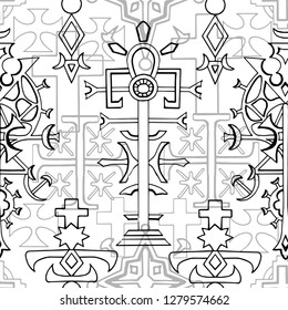 Seamless pattern with fantasy crosses and sacred geometry emblems on white. Fantasy decorative illustration, vector gothic symbols, occult abstract background