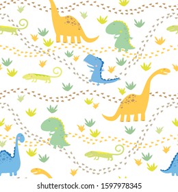 seamless pattern, fantasy pattern of dinosaurs and how they walk and leave footprints